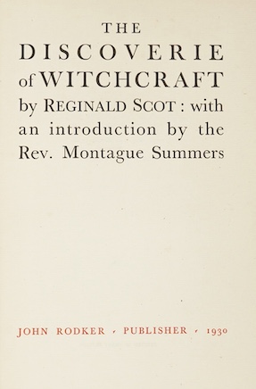 Witchcraft - Scot, Reginald - The Discoveries of Witchcraft, introduction by Rev. Montague Summers, one of 1250, illustrated, original morocco-backed cloth, t.e.g., others uncut, John Rodker, 1930